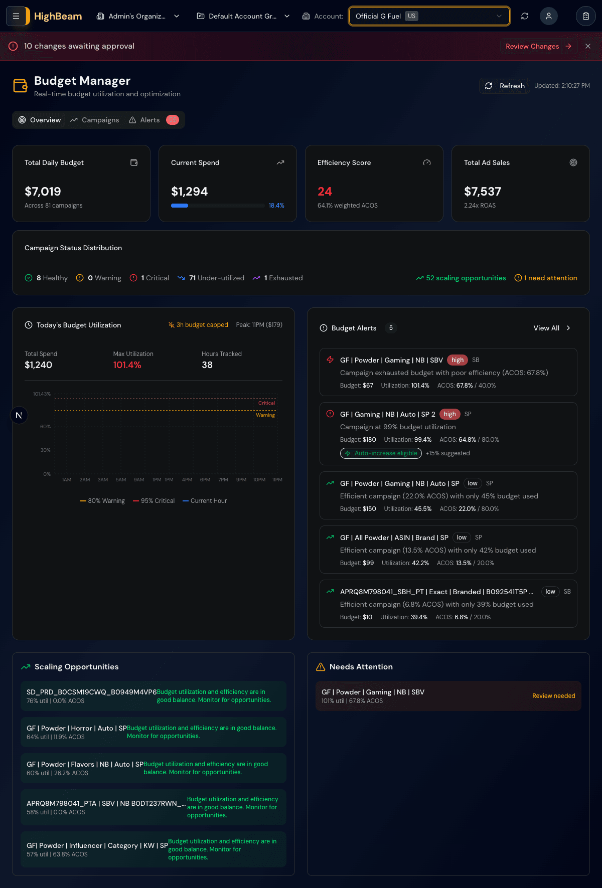 Budget optimizer showing pacing and scaling opportunities