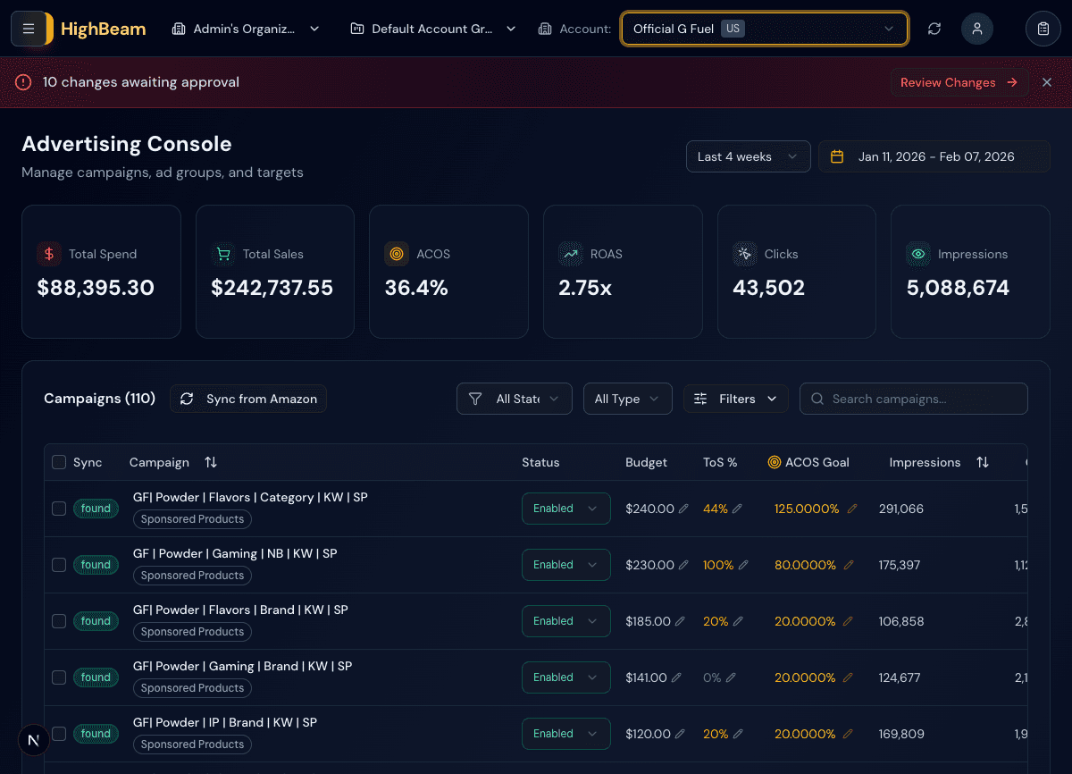 HighBeam campaign console with real-time metrics